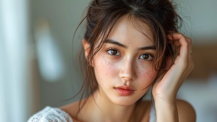 Dermatology, expression face worry asian young woman looking mirror hand touch facial generative ai - obrazy, fototapety, plakaty