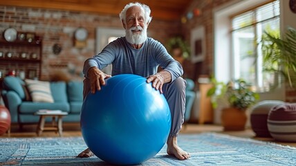elderly man doing exercise on a fitness ball, generative ai