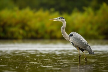 Grey Heron Standing by the Lush Green Riverbank