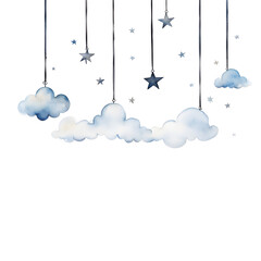 watercolor-of-pastel-toned-clouds-and-stars-suspended-from-strings-within-a-frame-composed