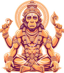 Serene Hanuman Seated with Sacred Symbols, Traditional Hindu Illustration