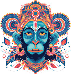 Colorful Illustration of Hanuman Face with Ornate Headdress and Detailing