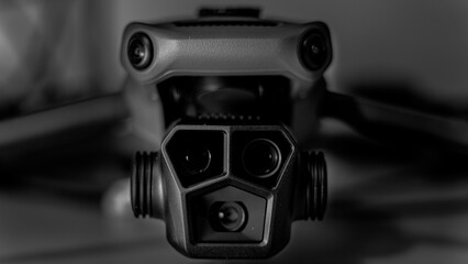 Black and white macro image of a drone with 3 camera gimbal
