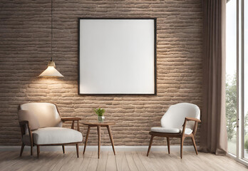 Modern home concept, brown and white brick wall, poster frame lamp wooden chair home style.AI generated