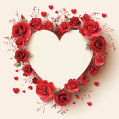 A valentine's day greeting card featuring a heart-shaped frame surrounded by red roses and small hearts on a light background