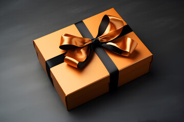 Orange gift box with black and orange bow on black background. Birthday or other holiday greeting card or invitation. Daddy or father day, Black Friday concept