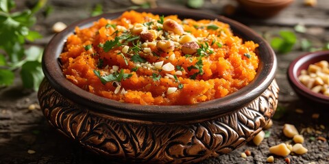 Gajar ka Halwa Elegance - Culinary Artistry of Carrot Pudding, a Flavorful Tapestry of Ghee, Nuts, and Sweet Bliss. Dive into the Culinary Artistry in a Cozy Indian Homestead with Soft Lighting - obrazy, fototapety, plakaty