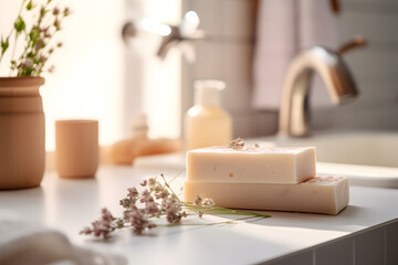 Fototapeta na wymiar Organic homemade soap close up near sink in light bathroom. Selective focus. Spa or beauty concept