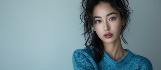 Studio portrait of a slim, elegant Asian woman posing in a blue sweater, black leather shorts on a white and soft gray background.