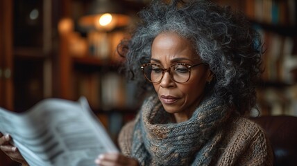 Senior african american woman reading a paper, representing bills and paperwork, worried look on...