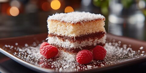 Lamington Bliss - Culinary Fusion of Sponge Cake, Chocolate, and Coconut. Dive into the Culinary Bliss at a Festive Australian Celebration with Soft Lighting