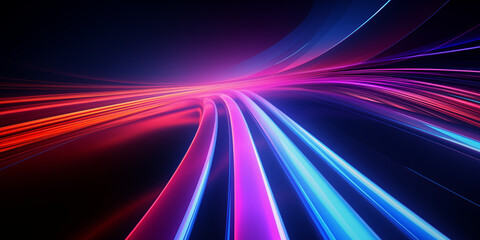 Abstract background of neon lines flowing motion with fluorescent lines glowing in the dark panoramic wallpaper Digital data transfer energy concept 