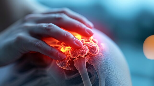Shoulder joint inflammation, on a blue background,generative ai