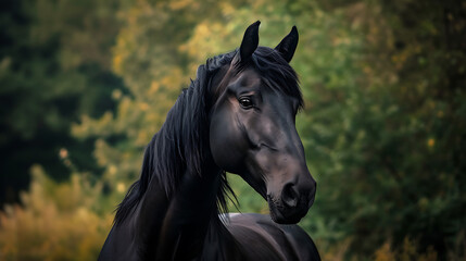 a black horse with a black mane and a black nose and head, standing in front of a green background