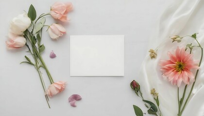 Flat-lay of flowers and card over light white silk background for wedding , valentine or anniversary day created with generative ai	