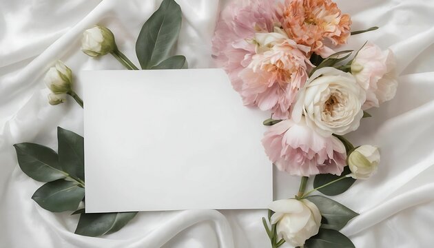 Flat-lay of flowers and card over light white silk background for wedding , valentine or anniversary day created with generative ai	