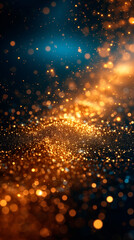Gold particles on a black background abstraction background. Golden christmas particles and sprinkles for a holida. Fire in the night.