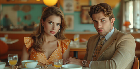 A trendy couple having breakfast in a vibrant retro-styled diner with a teal backdrop.