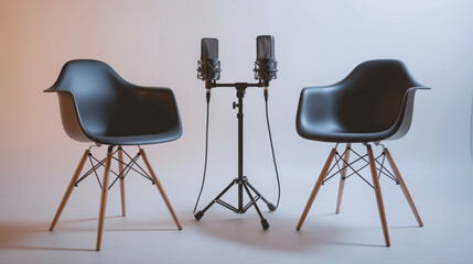 Podcast or interview setup two chairs and microphones in a podcast or interview room. - obrazy, fototapety, plakaty