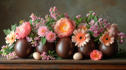 Obraz na płótnie Canvas Elegant Chocolate Easter Eggs Amidst Blooming Spring Flowers Display