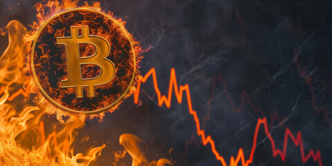 Bitcoin emblem encircled by flames with a market volatility graph, depicting the heat of crypto trade