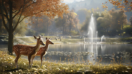 
two deers are standing in a field of grass near a pond and a pond with a fountain in the background