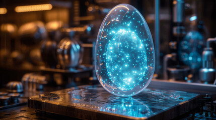Futuristic Glowing Easter Egg in High-Tech Laboratory Setting