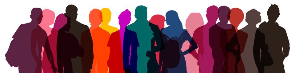 Multicolored transparent silhouettes of men and women, a group of standing business people. Isolated vector illustration - obrazy, fototapety, plakaty