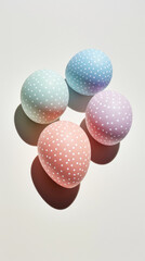 Aesthetic four Easter eggs in pastel colors with dots. White background. Creative cute card. Copy space. Generative AI