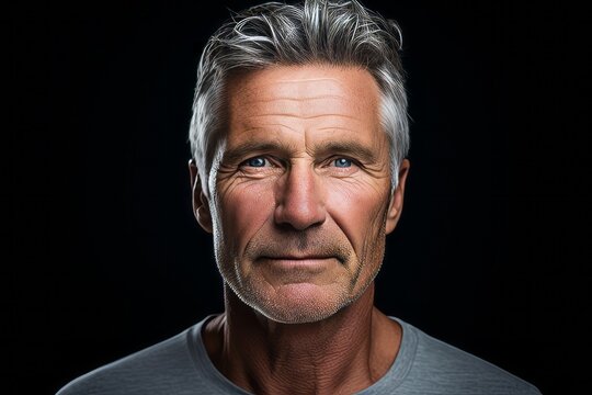 Portrait of senior man with grey hair on black background. Studio shot.