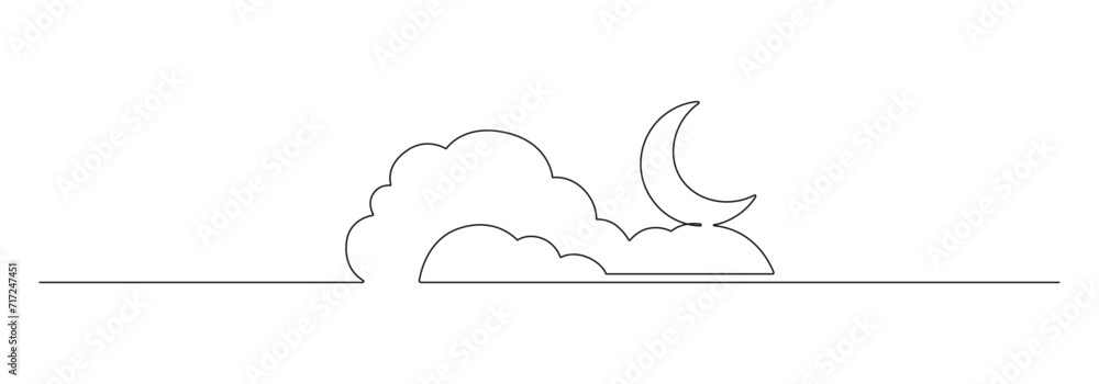 Poster one continuous line drawing of moon with cloud. ramadan kareem banner in simple linear style. sleep 