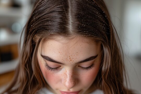Close-up photo of woman with dandruff in her hair