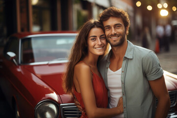 Fototapeta premium Happy Couple Posing Proudly Next to Their Recently Acquired Dream Car