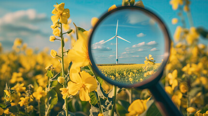 magnifying glass over rapeseed field , looking at a wind turbine, - green energy concept