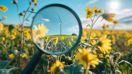 magnifying glass over rapeseed field , looking at a wind turbine, - green energy concept - obrazy, fototapety, plakaty