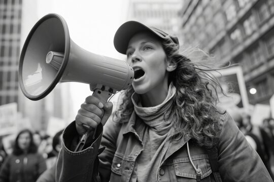 Demonstrantin mit Megaphon. Schwarz und Wei&szlig; Foto einer Demo, wie beim Weltfrauentag oder zu einer Feministischen Demonstration.  