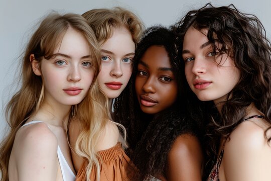 4 diverse und junge Models im Portrait. Fashion Foto von Frauen. Selfie einer Frauengruppe.