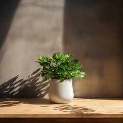 Product backdrop, empty wooden table with concrete wall and plant shadow