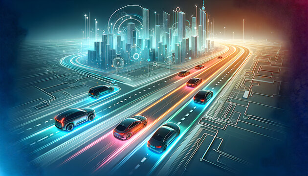 Futuristic Cityscape with Dynamic Transportation & Colorful Light Trails - High-Tech Urban Life and Autonomous Driving Concept