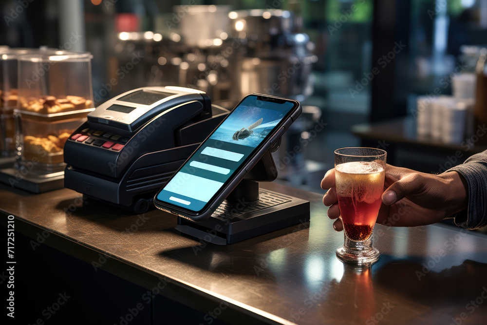 Poster an illustration of a person tapping their smartphone on an nfc-enabled terminal at a coffee stand, e