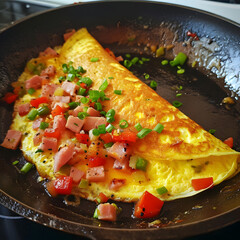 Prompt Denver omelet, filled with ham and peppers, in a skillet, breakfast light.--v6.0 Generative AI