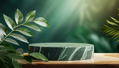 Green background platform for a nature beauty cosmetic stage scene. An abstract rock podium pedestal mockup with a green leaf, photography product showcase