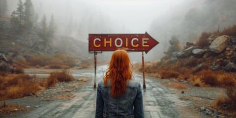 Woman Standing in Front of Choice Sign - obrazy, fototapety, plakaty
