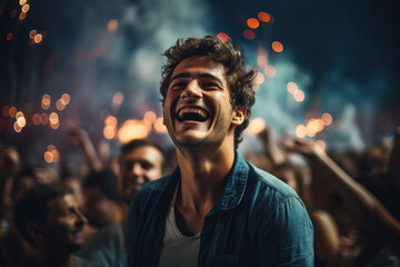 An exhilarating photo capturing a music enthusiast attending a live concert, illustrating the joy...