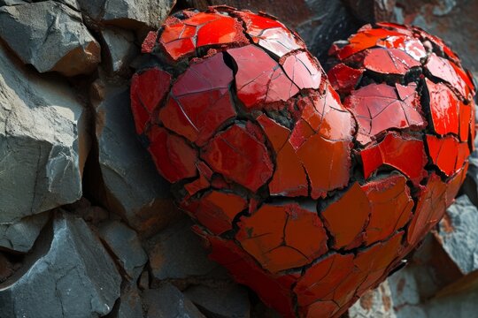 Gebrochenes Herz oder ein rotes Herz aus Stein.