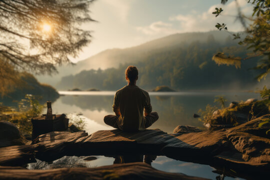 A serene image of a person finding solace in nature, illustrating the peace and introspection enabled by financial freedom. Concept of financial empowerment and spiritual well-being. Generative Ai.