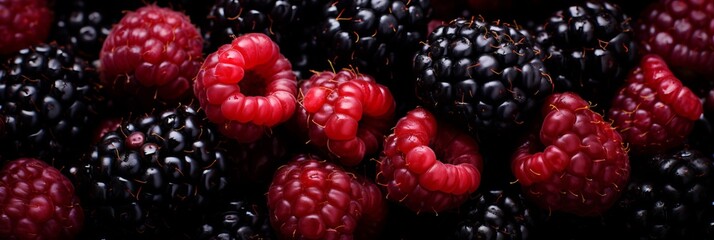 Delicious raspberries and blackberries banner for food photography and marketing
