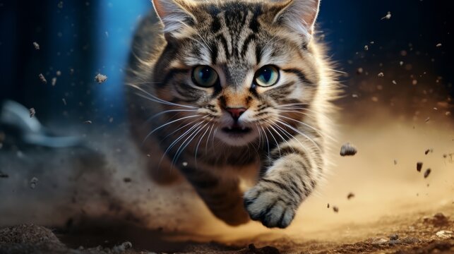Katze auf der Jagd springt auf die Kamera zu. Kater L&auml;uft und rennt durch den Sand. 