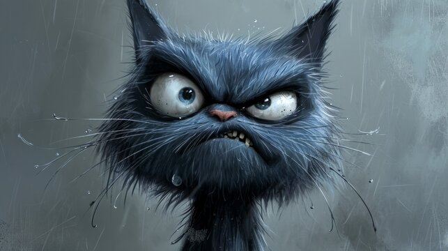 W&uuml;tende Katze als Zeichnung. Ver&auml;rgerter, schwarzer  Kater als Cartoon. Gef&auml;hrlicher Kater.