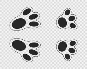 Fototapeta premium Bunny feet print. Cute black rabbit paws on transparent background. Design elements for Easter party celebration, greeting or invitation card. Vector graphic illustration.